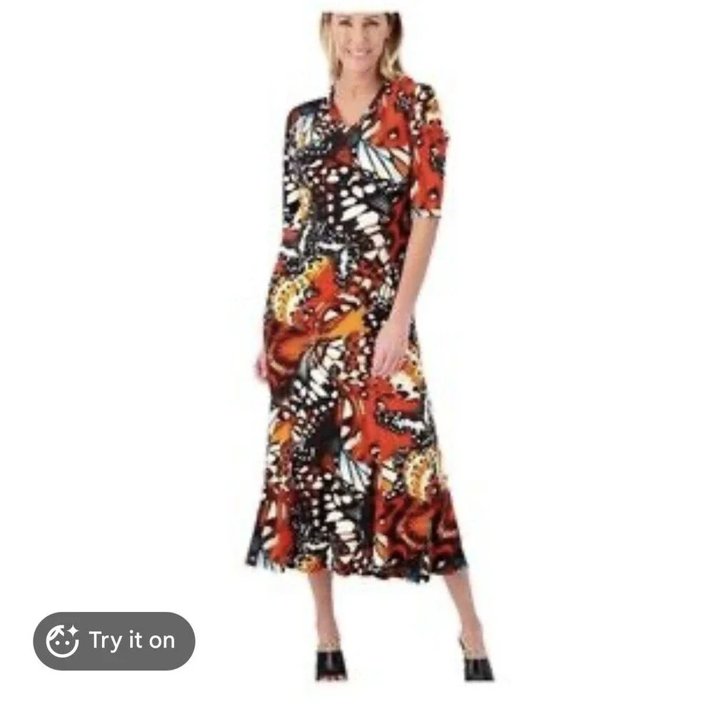 Attitudes Renee Jersey Dress Maxi Sz L Monarch Butterfly Maxi Boho Stretch Red - Picture 3 of 12